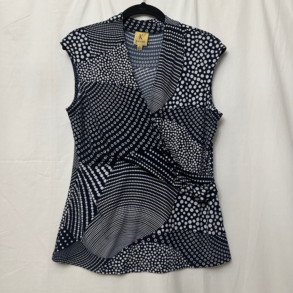 Kasper Women Black White Geometric Polka Dot Faux Wrap Sleeveless‎ Blouse Medium